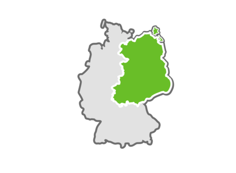 Eine stilisierte Deutschlandkarte auf der die neuen Bundesländer grün markiert sind.