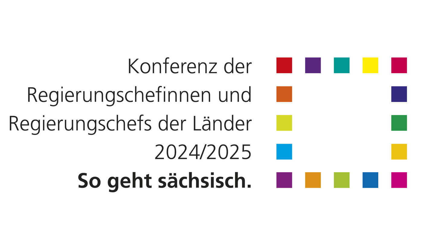 Logo der Ministerpräsidentenkonferenz. Text: Konferenz der Regierungschefinnen und Regierungschefs der Länder 2024/2024. So geht sächsisch.